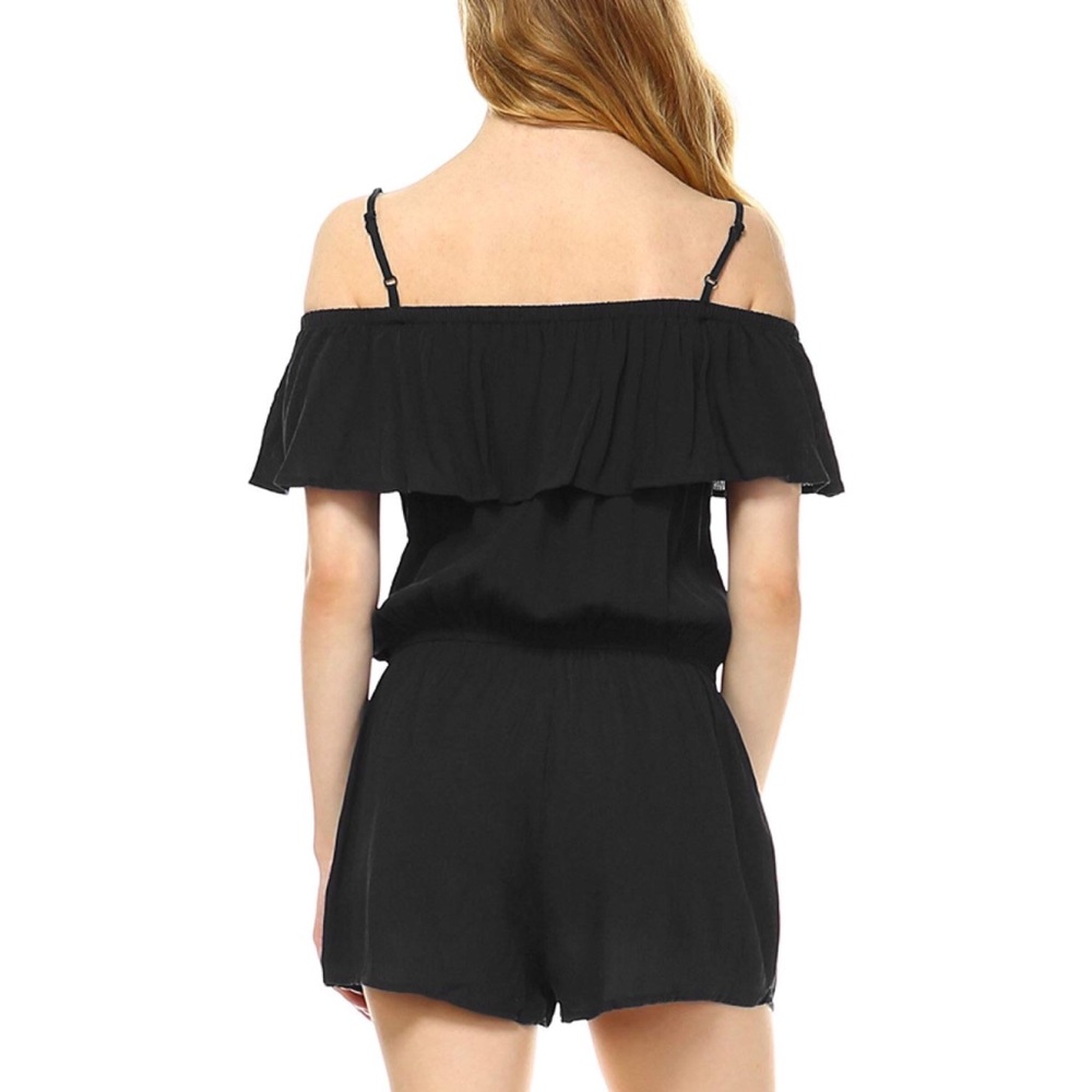 Off Shoulder Ruffle Overlay Romper with Pockets - Picture 3 of 6